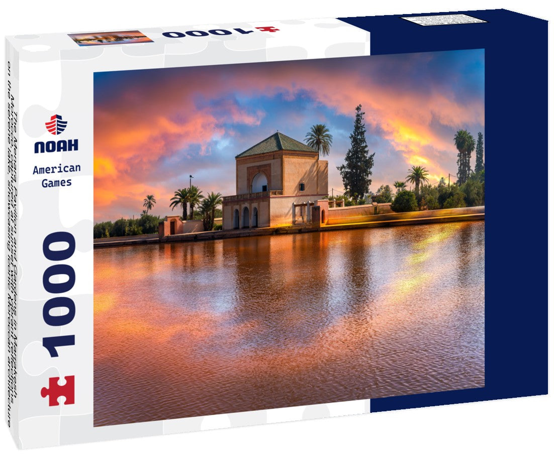 The Menara Pavilion and Gardens in Marrakesh, Morocco, captured at sunset with vibrant reflections on the serene lake, showcasing iconic Moroccan architecture 1000pc Puzzle