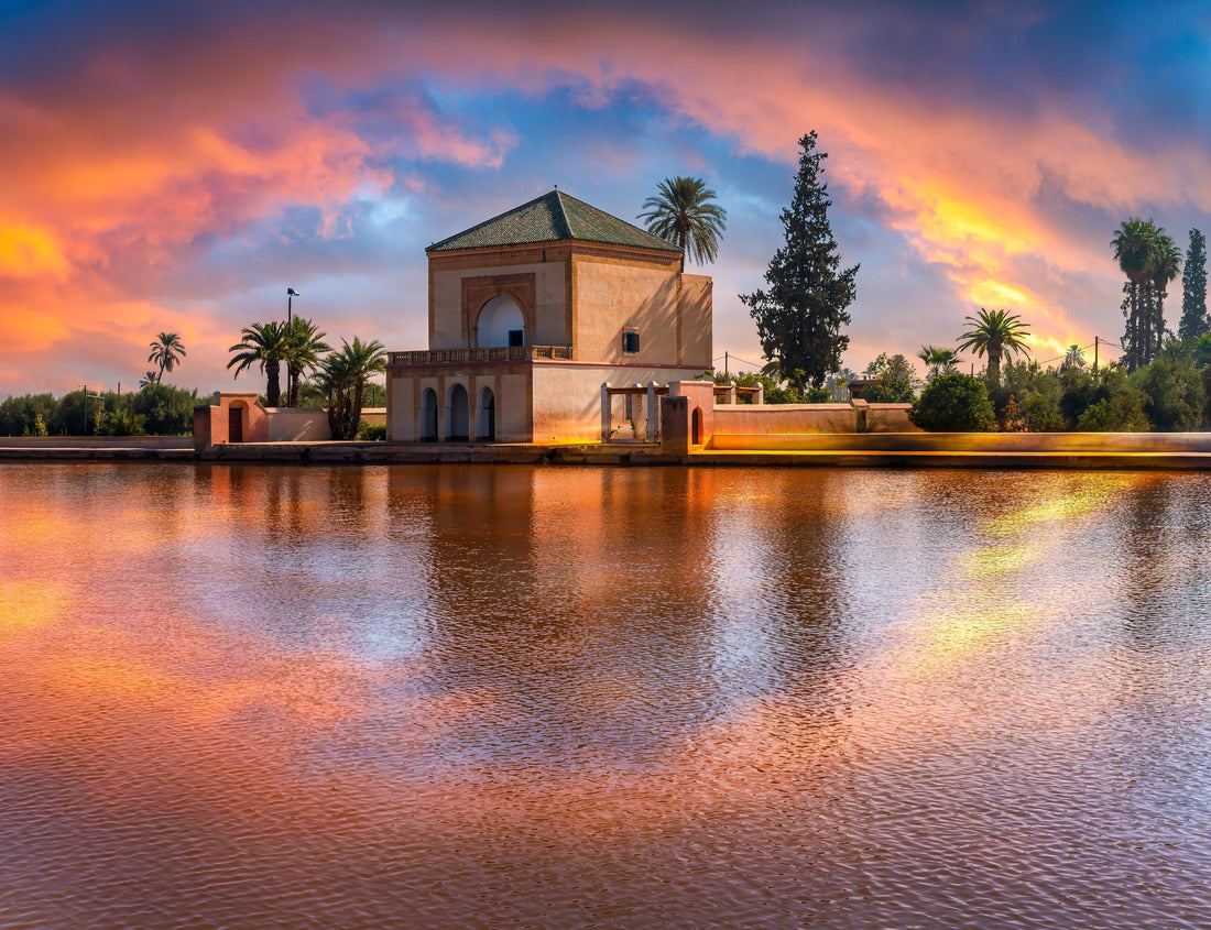 The Menara Pavilion and Gardens in Marrakesh, Morocco, captured at sunset with vibrant reflections on the serene lake, showcasing iconic Moroccan architecture 1000pc Puzzle