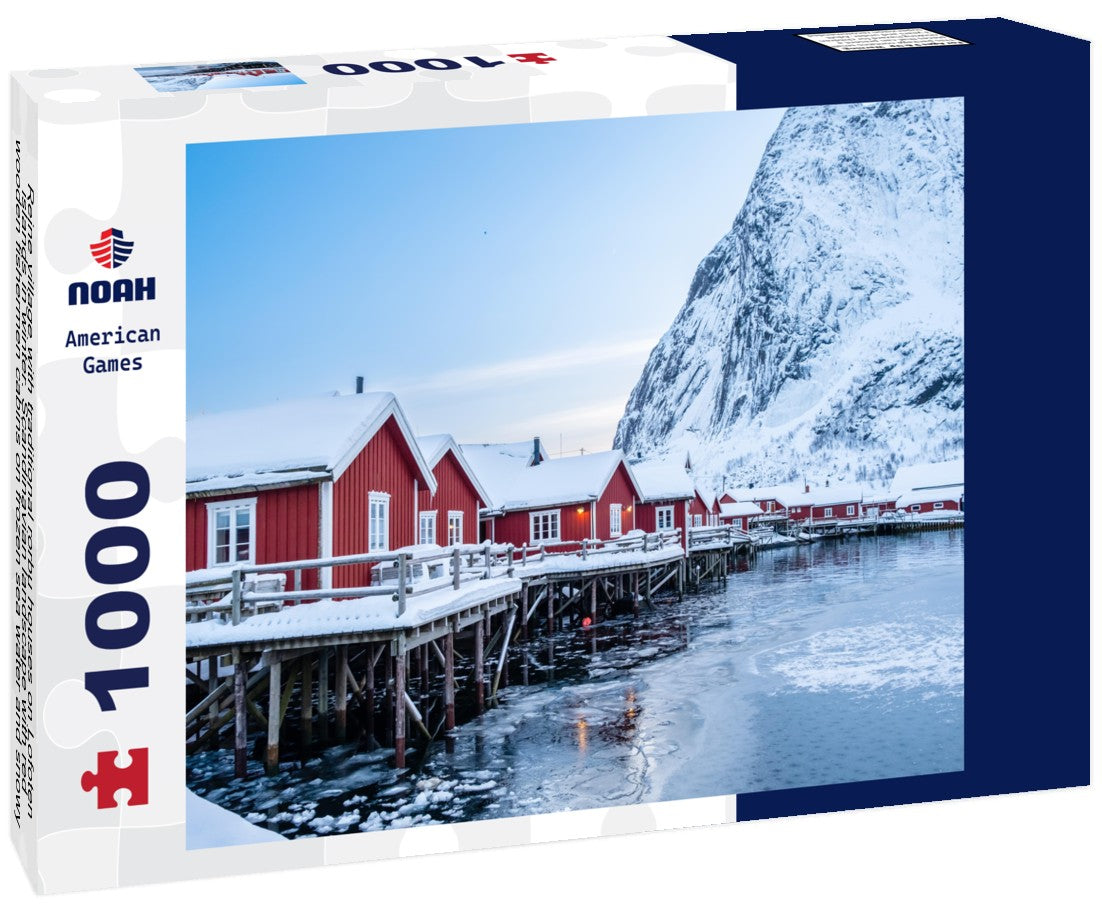 Reine village with traditional rorbu houses on Lofoten islands in winter. Scandinavian landscape with red wooden fishermen cabins on frozen sea water and snowy Reinebringen mountain, northern Norway 1000pc Puzzle
