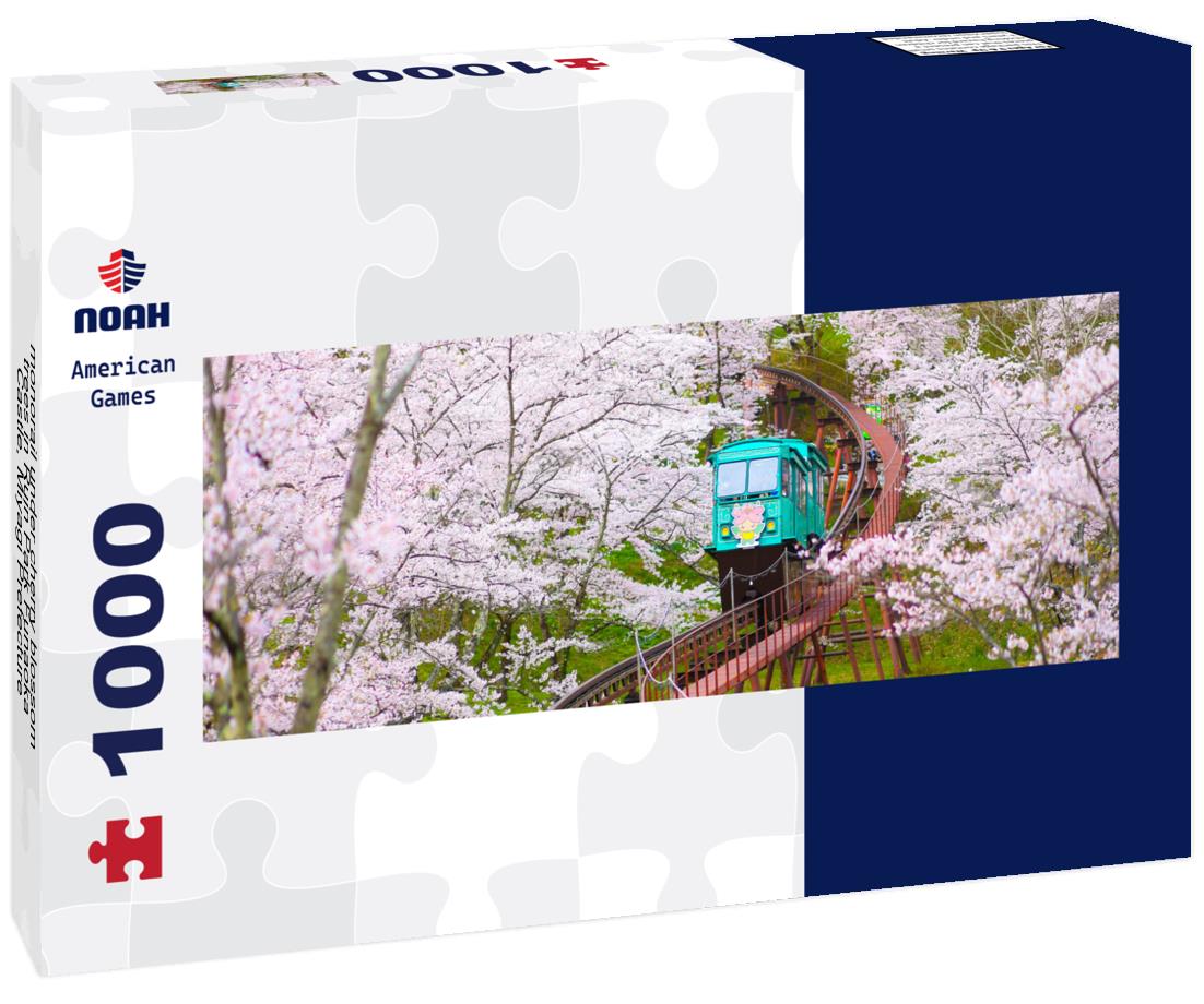 Noah Jigsaw Puzzle monorail under cherry blossom trees in Ruin Park Funaoka Castle, Miyagi Prefecture, Japan panorama 1000 pieces