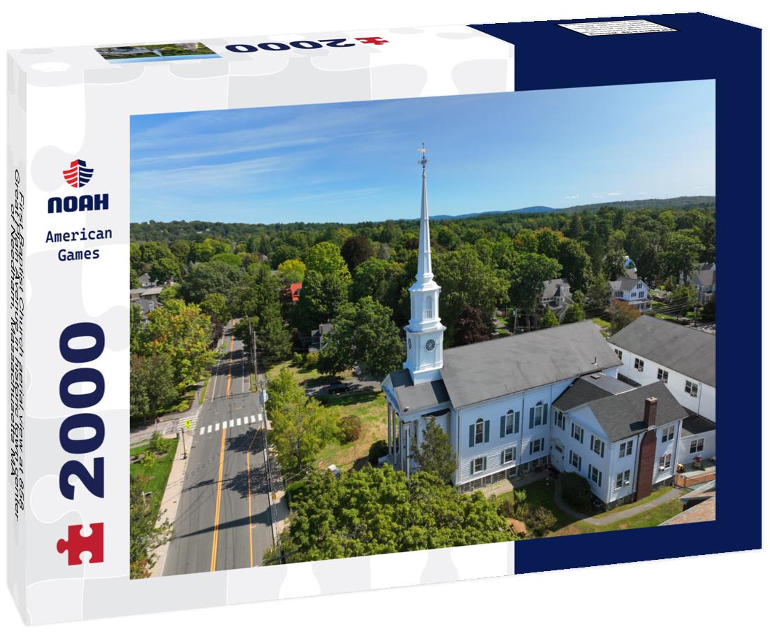 Noah Jigsaw Puzzle First Baptist Church aerial view at 858 Great Plain Avenue in historic town center of Needham, Massachusetts MA 2000 pieces