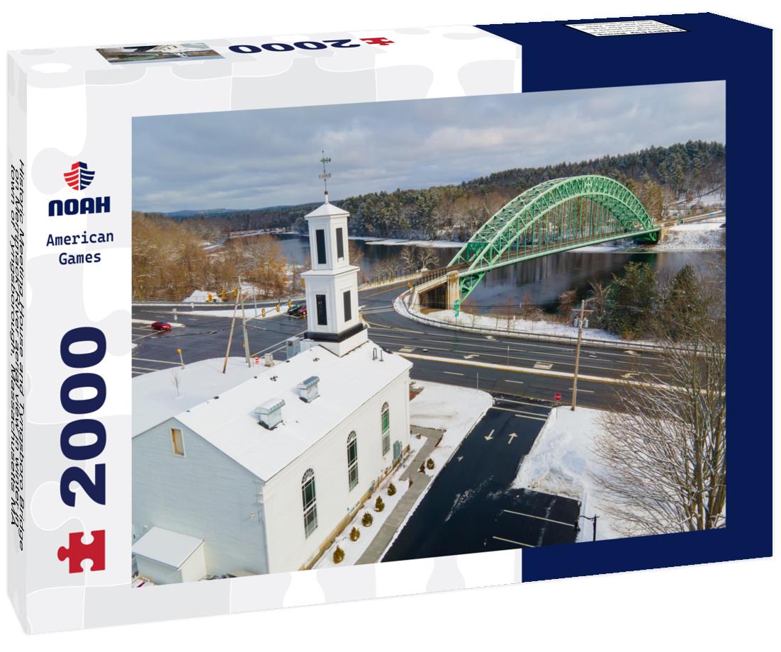 Noah Jigsaw Puzzle Historic Meeting House and Tyngsboro Bridge on Merrimack River aerial view in winter in town of Tyngsborough, Massachusetts MA 2000 pieces
