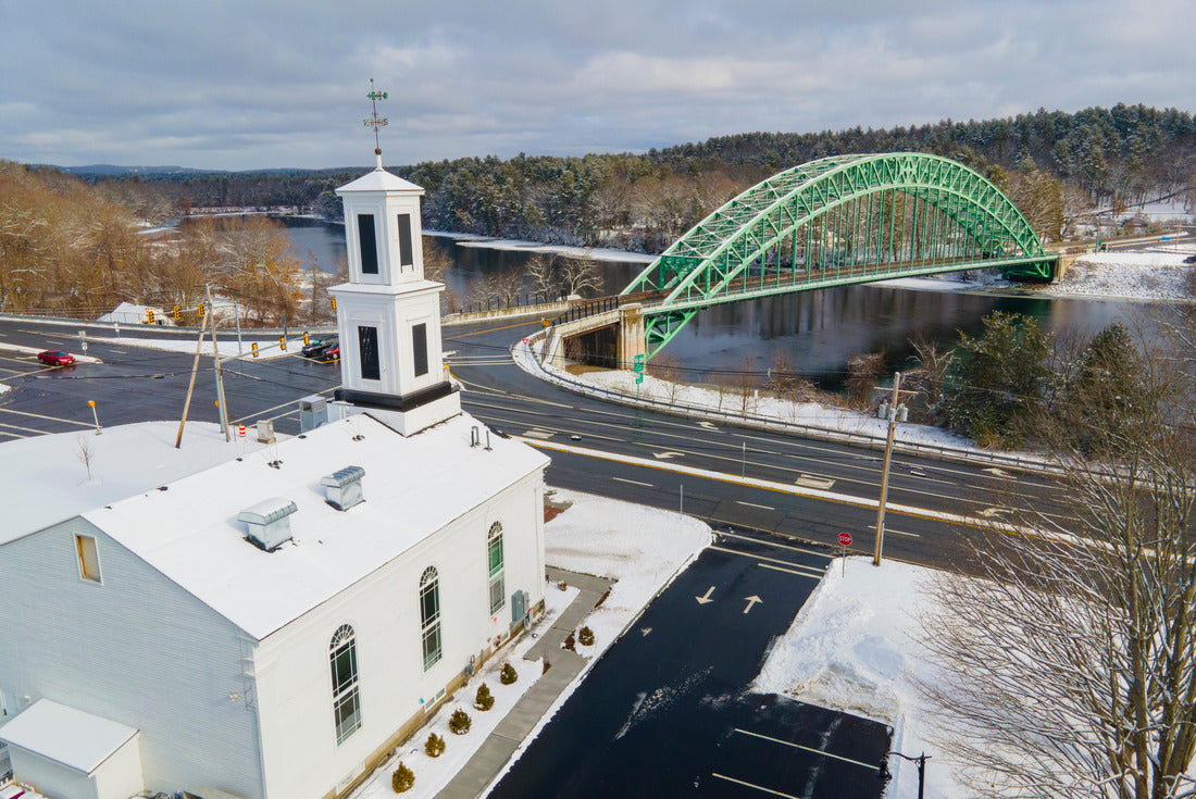 Noah Jigsaw Puzzle Historic Meeting House and Tyngsboro Bridge on Merrimack River aerial view in winter in town of Tyngsborough, Massachusetts MA 2000 pieces