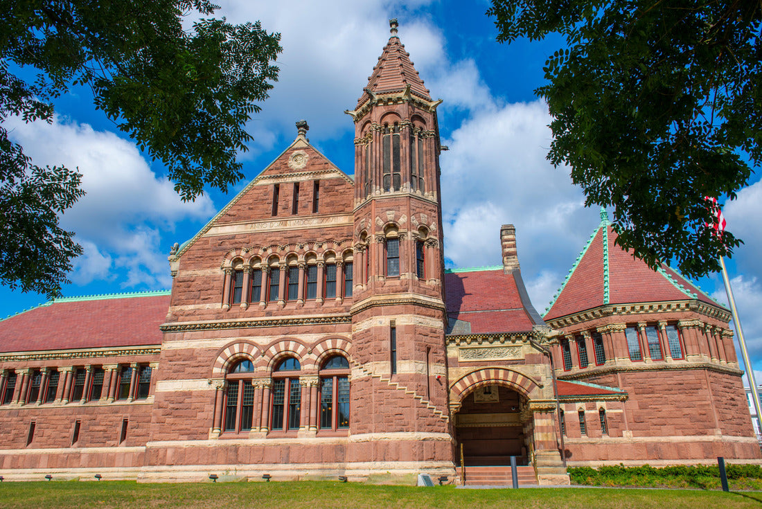 Noah Jigsaw Puzzle Woburn Public Library with Richardsonian Romanesque style at 45 Pleasant Street in historic city center of Woburn, Massachusetts MA, USA 2000 pieces