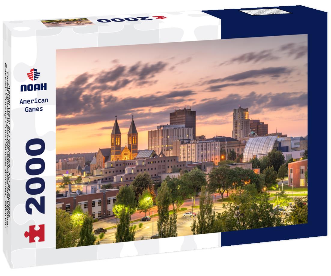 Noah Jigsaw Puzzle Aerial view of Paterson, NJ at sunset. Three public buildings dominate the skyline: Passaic County Court House Annnex, Historic Court and Passaic County Superior Court 2000 pieces