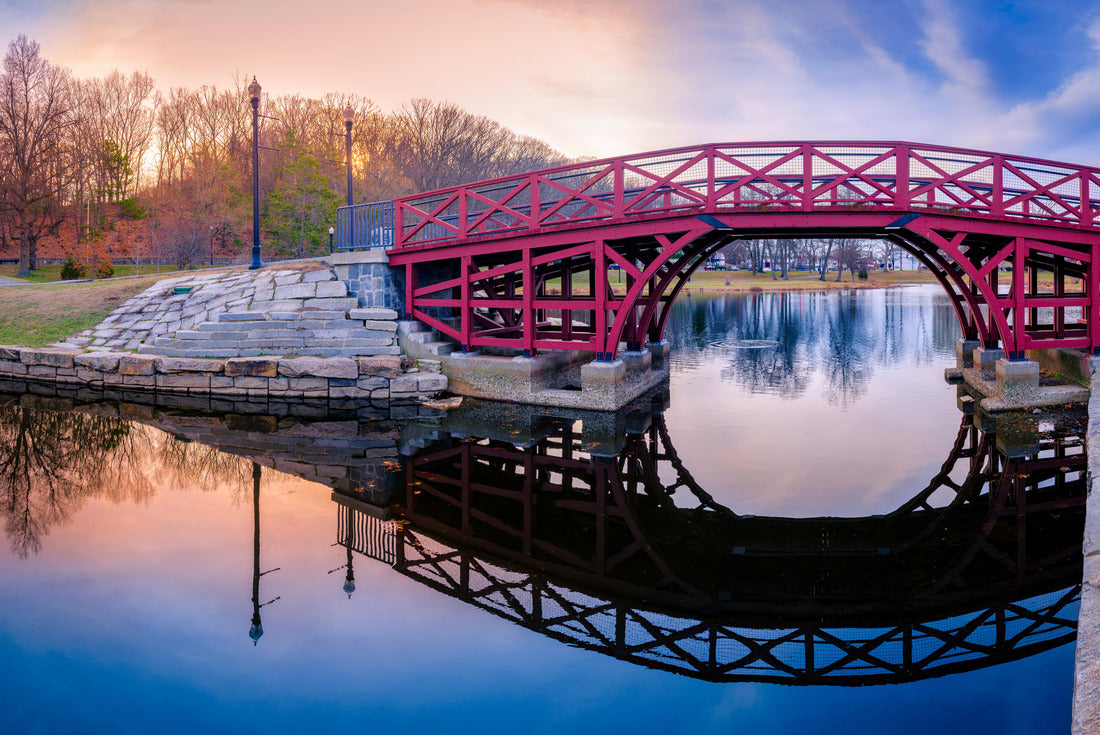 Noah Jigsaw Puzzle Arching Pink Wooden Bridge and Reflections over the Pond at Elm Park in Worcester, Massachusetts 2000 pieces