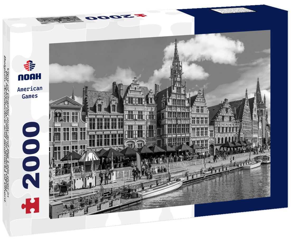Graslei quay and the Leie river in the historic city center of Ghent (Gent), Belgium. Architecture and landmarks of Ghent. Cityscape of Ghent 2000pc PuzzleBlack and White