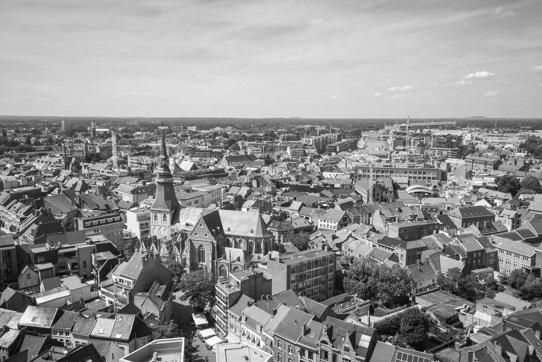 Noah Jigsaw Puzzle Hasselt City Center Skyline with blue sky in summer, in the province of Limburg, Belgium in black white 2000 pieces