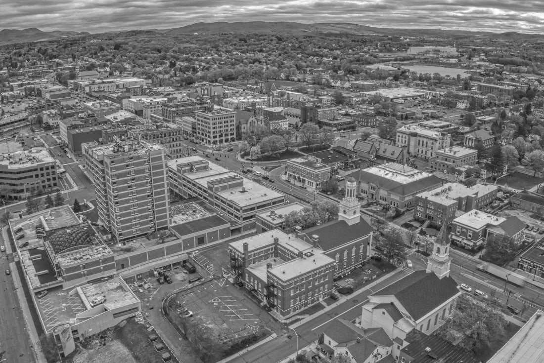 Aerial view of downtown Pittsfield, Massachusetts on a cloudy spring day 2000pc PuzzleBlack and White