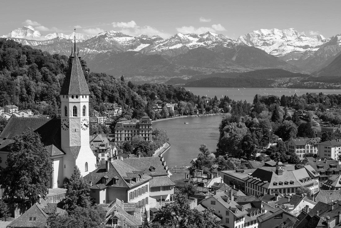 Noah Jigsaw Puzzle Historic city of Thun and Lake Thun with snow-capped Berner Highlands swinging mountains in the background, Canton of Bern, Switzerland in black white 2000 pieces