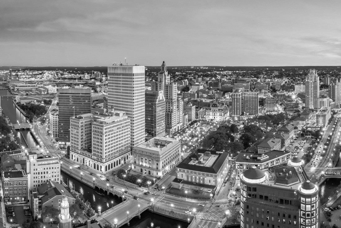 Aerial Providence skyline at dusk. Providence is the capital city of the U.S. state of Rhode Island. Founded in 1636 is one of the oldest cities in USA 2000pc PuzzleBlack and White