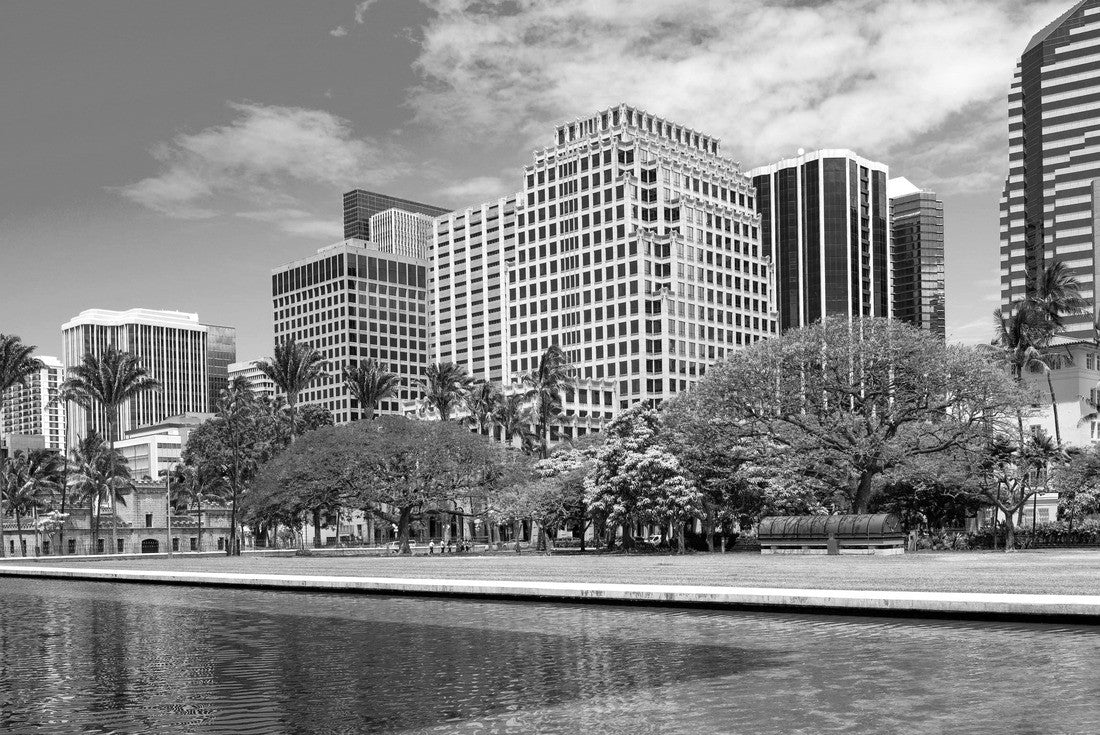 Honolulu, Hawaii, the downtown buildings seen from the State Capitol garden 2000pc PuzzleBlack and White