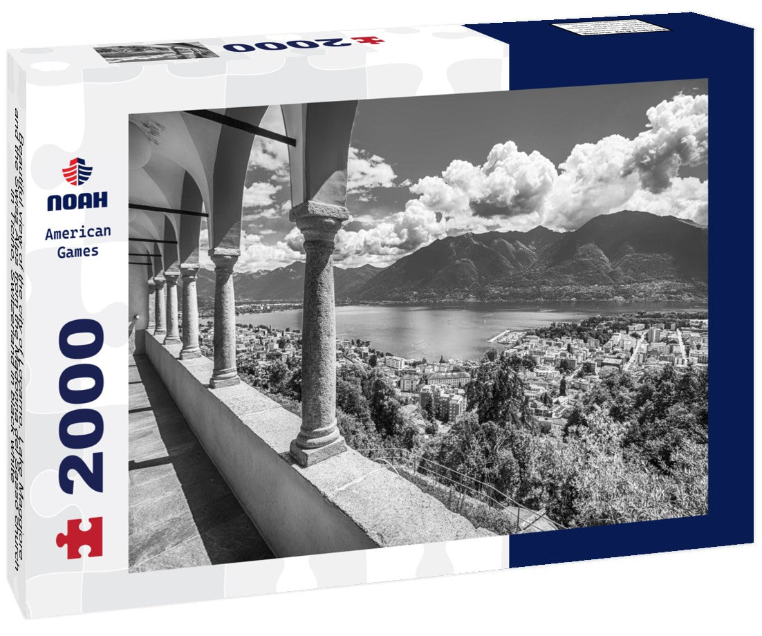 Beautiful view of the city of Locarno, Lake Maggiore and the Swiss Alps from the Madonna del Sasso church in Ticino, Switzerland 2000pc PuzzleBlack and White