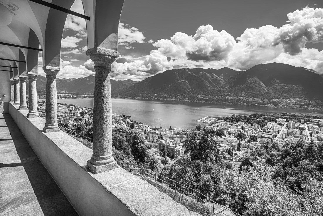 Noah Jigsaw Puzzle Beautiful view of the city of Locarno, Lake Maggiore and the Swiss Alps from the Madonna del Sasso church in Ticino, Switzerland in black white 2000 pieces
