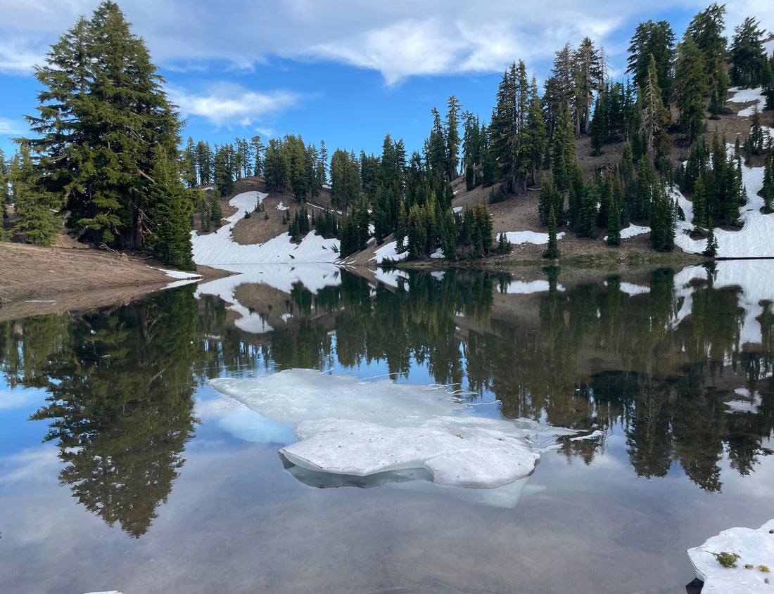 Noah Jigsaw Puzzle Ridge Lake reflecting the trees and snow surrounding on the mountain behind it with snow melting in the water in summer. Lassen Volcanic National Park 1000 Pieces