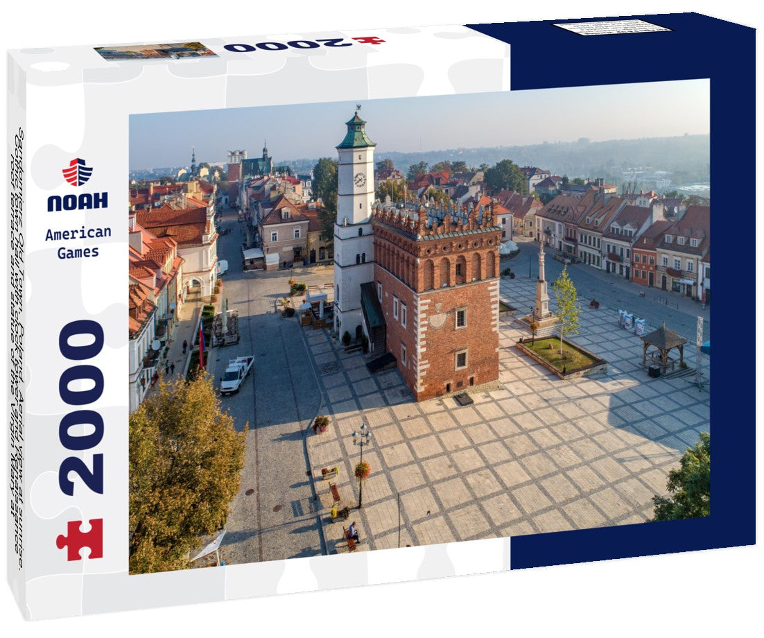 Sandomierz Old Town, Poland. Aerial view at sunrise. Gothic town hall with clock tower and Renaissance roof terrace and statue of the Virgin Mary at the market square (Rynek) 2000pc Puzzle