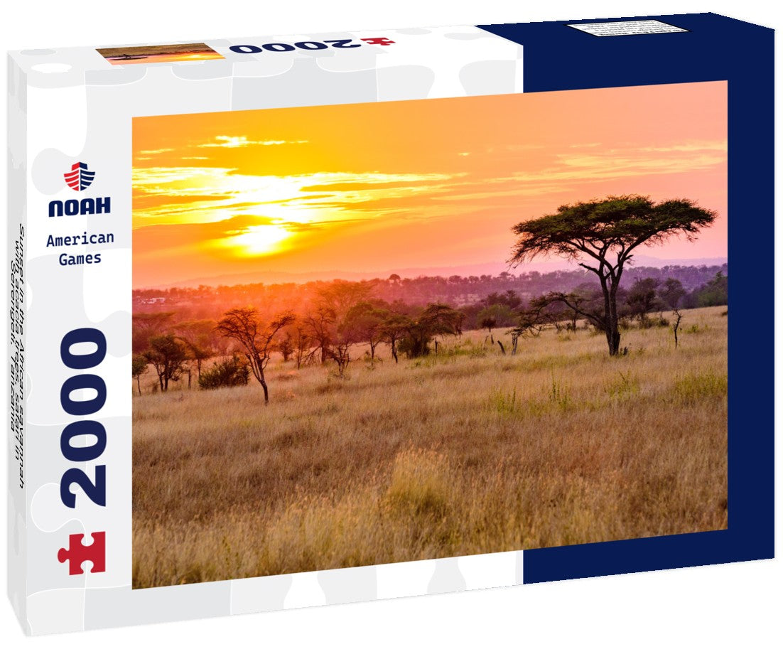 Sunset in the African savannah with acacia trees, safari in Serengeti, Tanzania 2000pc Puzzle