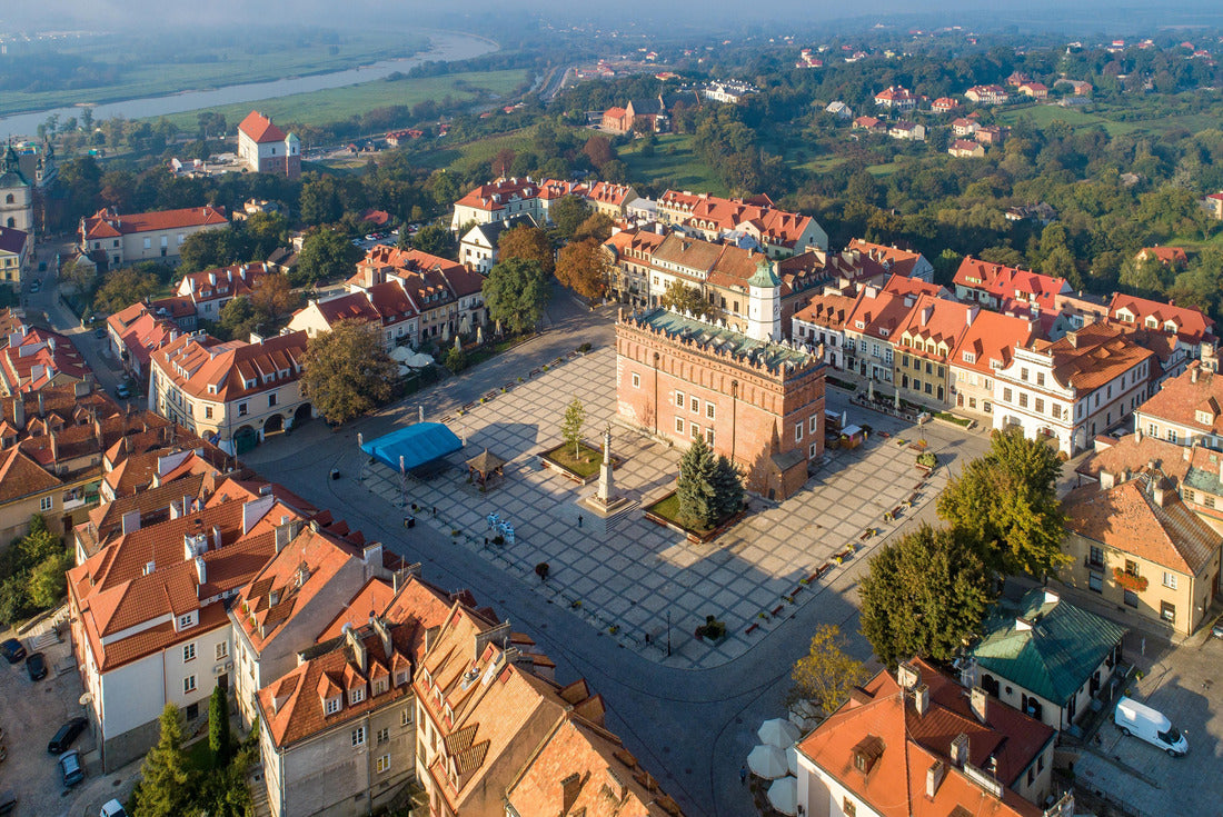 Aerial skyline Sandomierz old city, Poland, in sunrise light. Old town with market square, Gothic city hall, medieval castle on the left and Vistula River in morning fog in the background 2000pc Puzzle