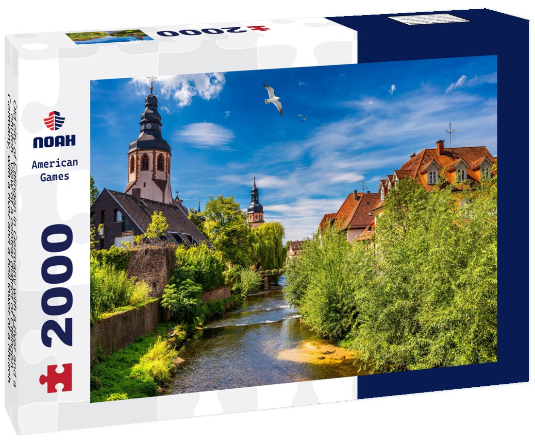 Old city of Ettlingen in Germany with a river and a church. View of a central district of Ettlingen, Germany, with a river and a bell tower of a church 2000pc Puzzle