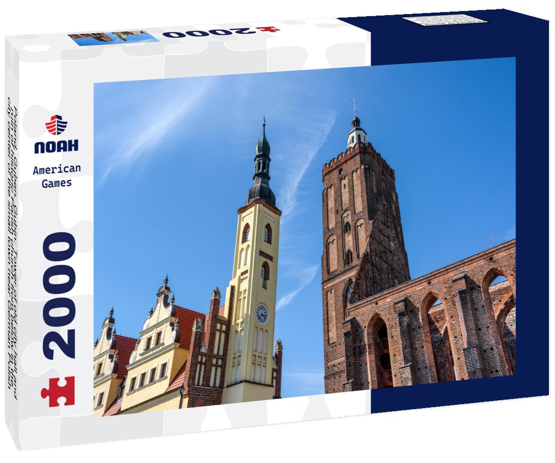 Poland, Guben, Gubin: Tower of old city hall and ruin of historic Parish church from below in the city center of the small town near German Polish border with blue sky in the background 2000pc Puzzle