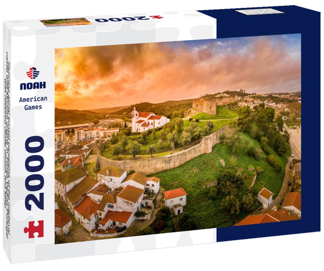 Stunning aerial sunset the medieval castle with Moorish origins in Torres Vedras Portugal with restored castle church and keep 2000pc Puzzle
