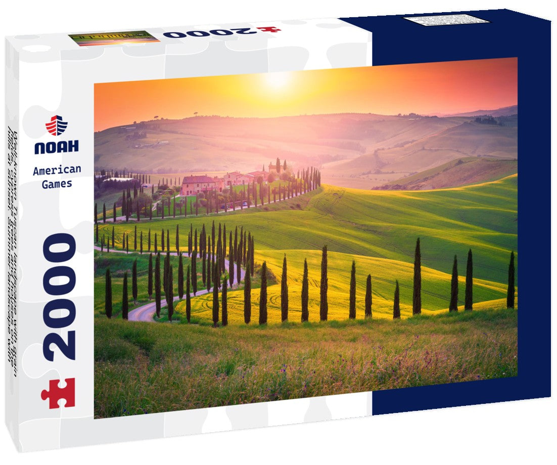 Well-known Tuscan landscape with grain fields, cypress trees and houses on the hills at sunset. Summer landscape with winding road in Tuscany, Italy 2000pc Puzzle