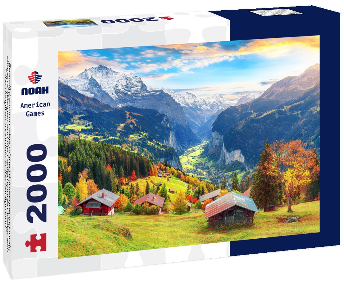 Beautiful autumn view of the picturesque mountain village of Wengen and the Lauterbrunnen Valley with the Jungfrau mountain in the background. Location: Wengen village, Bernese Oberland, Switzerland 2000pc Puzzle