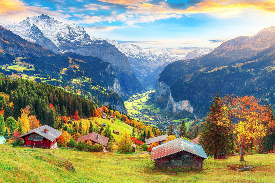 Beautiful autumn view of the picturesque mountain village of Wengen and the Lauterbrunnen Valley with the Jungfrau mountain in the background. Location: Wengen village, Bernese Oberland, Switzerland 2000pc Puzzle