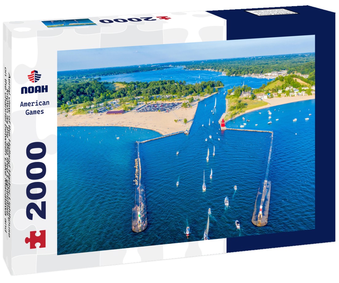 Aerial view of the Holland Harbor Lighthouse, known as the “Big Red Lighthouse”, on the channel between Lake Macatawa and Lake Michigan; Holland State Park, Michigan 2000pc Puzzle