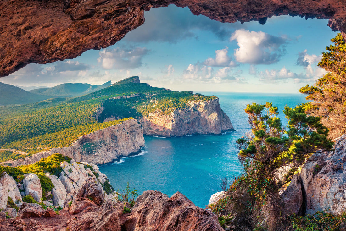 Amazing summer view of the Caccia Cape from the small cave in the cliff. Fantastic morning landscape of Sardinia, Italy 2000pc Puzzle