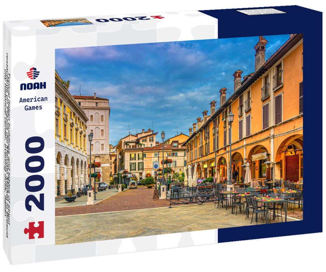 Typical Italian buildings and tables of street restaurants on Piazza del Mercato Market in Brescia city historical center, evening dusk, Italian street, Lombardy, northern Italy 2000pc Puzzle