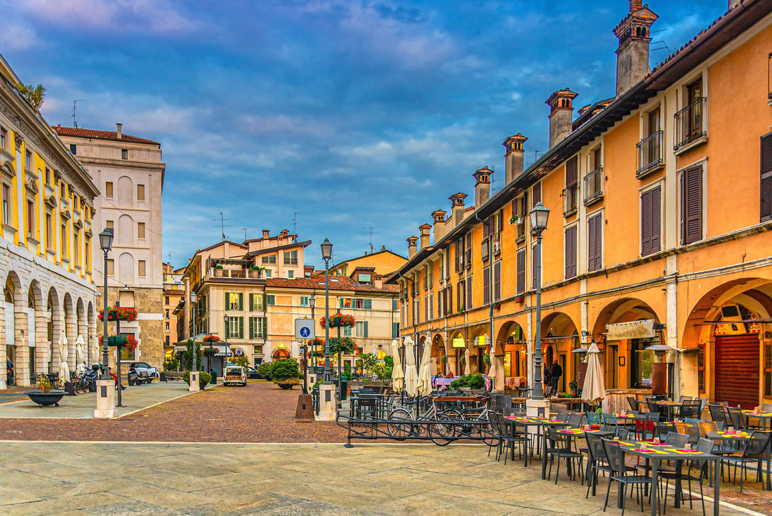 Typical Italian buildings and tables of street restaurants on Piazza del Mercato Market in Brescia city historical center, evening dusk, Italian street, Lombardy, northern Italy 2000pc Puzzle