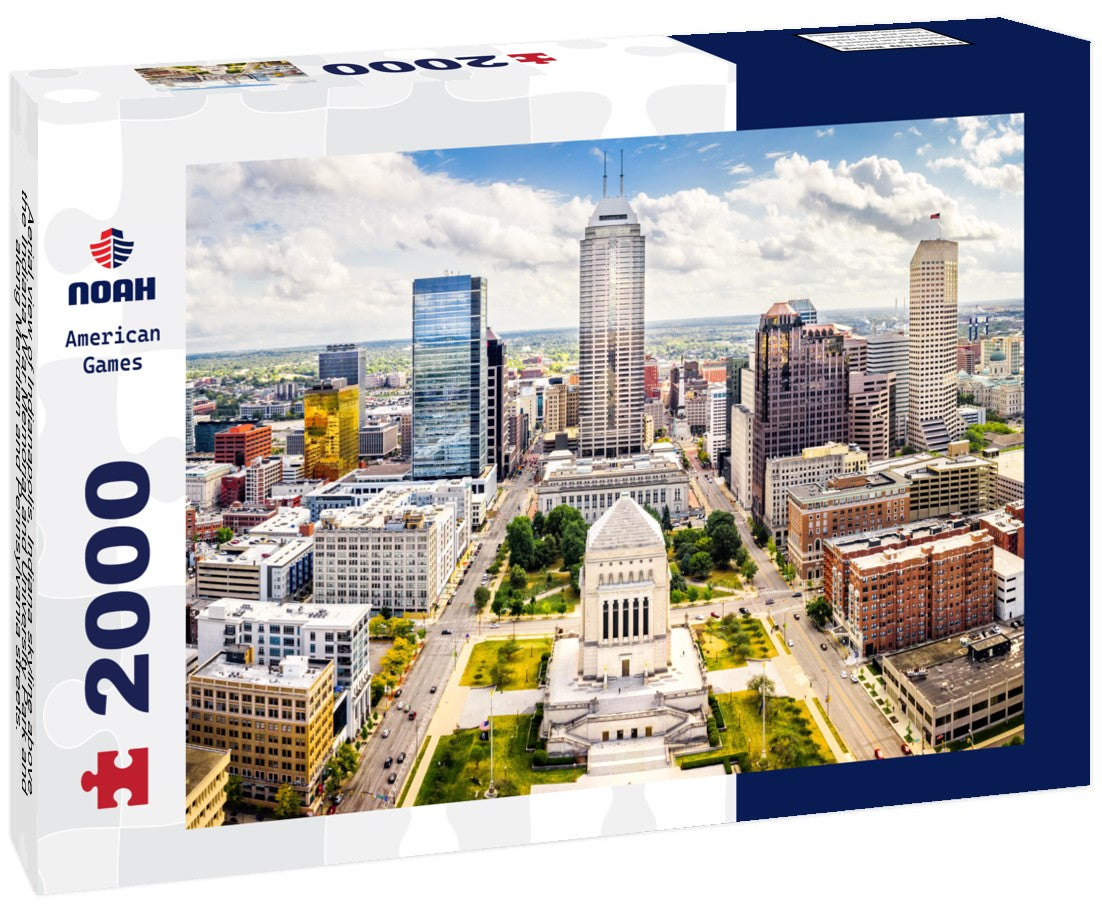 Aerial view of Indianapolis, Indiana skyline above the Indiana War Memorial and University Park and along Meridian and Pennsylvania streets. 2000pc Puzzle