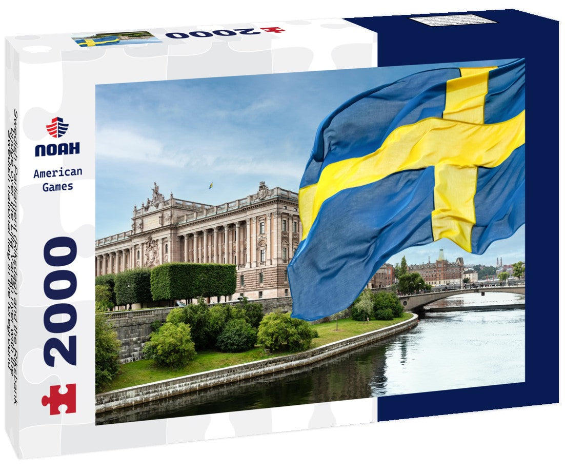 Swedish Parliament (Riksdag) and the Riksbank bridge over the Lilla Vartan river with the Swedish national flag in the foreground 2000pc Puzzle