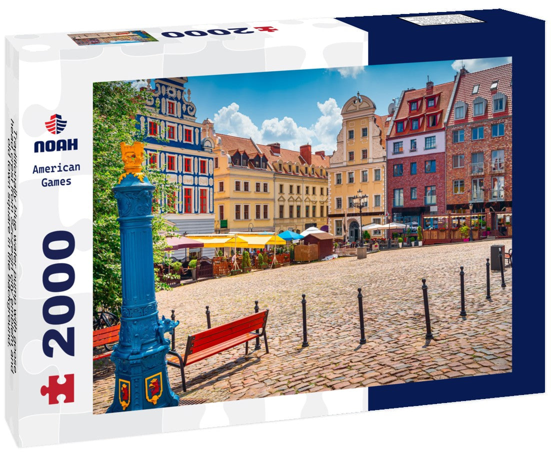 Traditionally blue water pump with goose head crest from Szczecin city emblem and old town square in the background. Griffin has been Szczecin's emblem since 1360 2000pc Puzzle