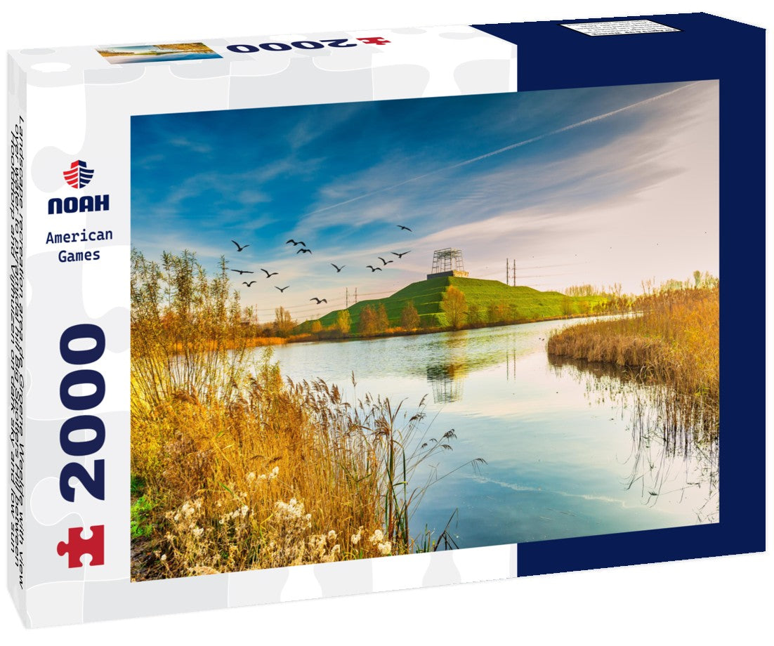Landscape recreation area de Groene Weelde with view over water to pyramidal hill Big Spotters Hill between Hoofddorp and Vijfhuizen on dark sky and low sun 2000pc Puzzle