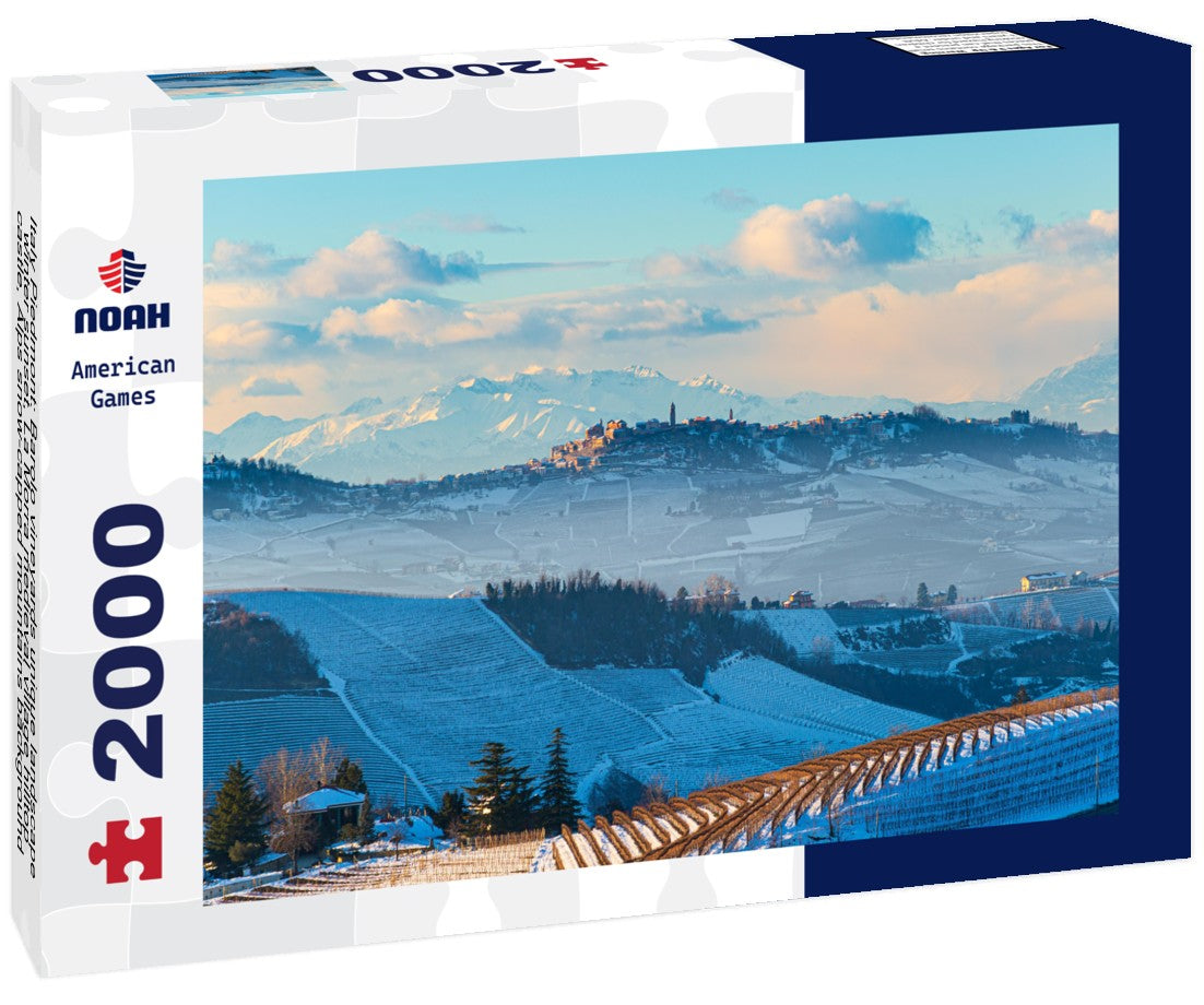 Italy Piedmont: Barolo vineyards unique landscape winter sunset, La Morra medieval village hilltop castle, Alps snow-capped mountains background, Italian heritage winemaking 2000pc Puzzle