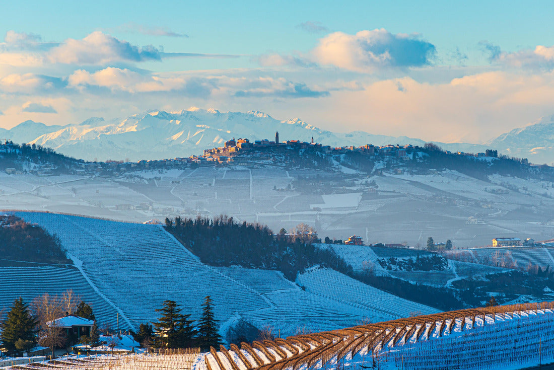 Italy Piedmont: Barolo vineyards unique landscape winter sunset, La Morra medieval village hilltop castle, Alps snow-capped mountains background, Italian heritage winemaking 2000pc Puzzle