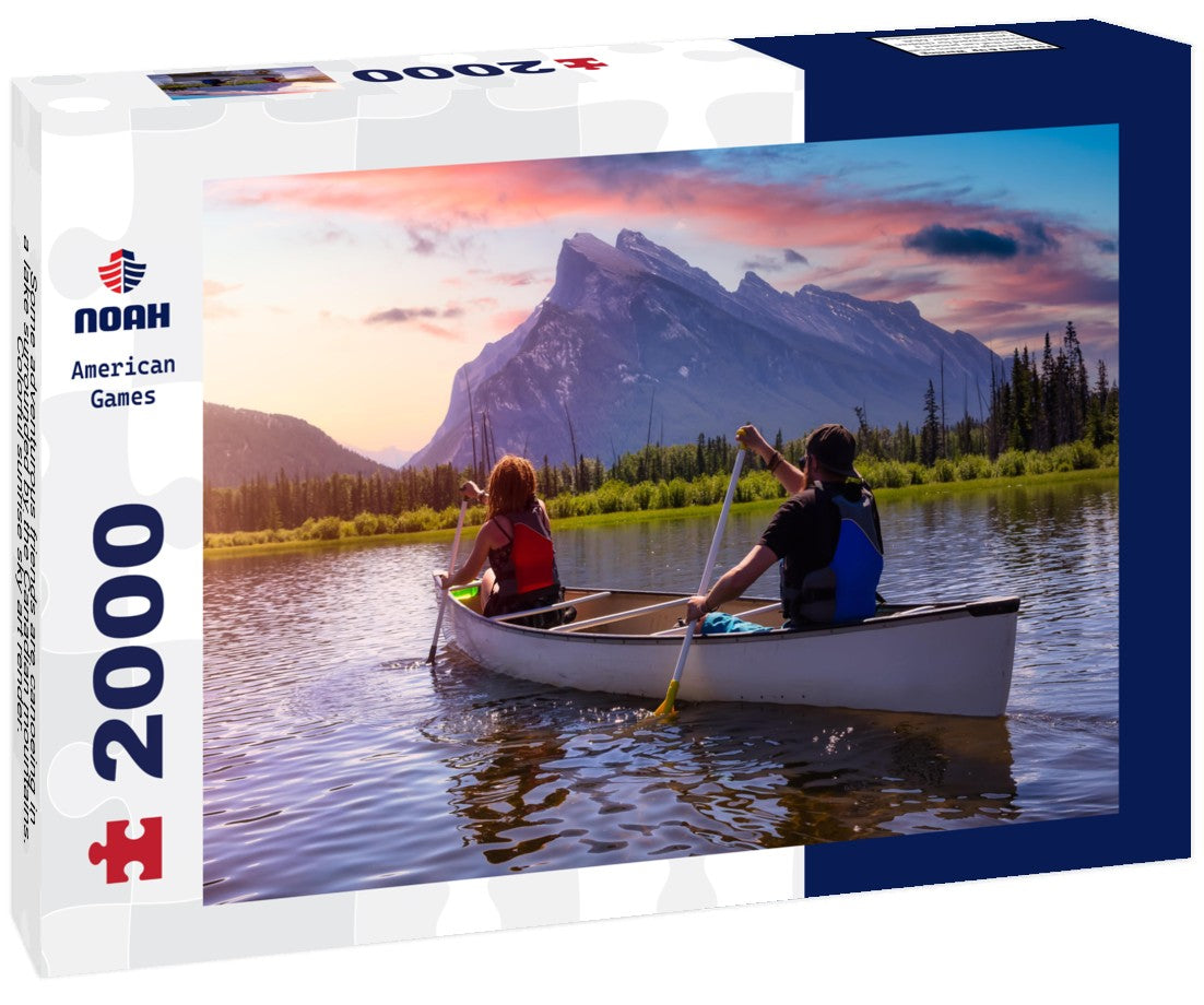 Some adventurous friends are canoeing in a lake surrounded by the Canadian mountains. Colorful sunrise sky art render. In Vermilion Lakes, Banff, Alberta, Canada 2000pc Puzzle