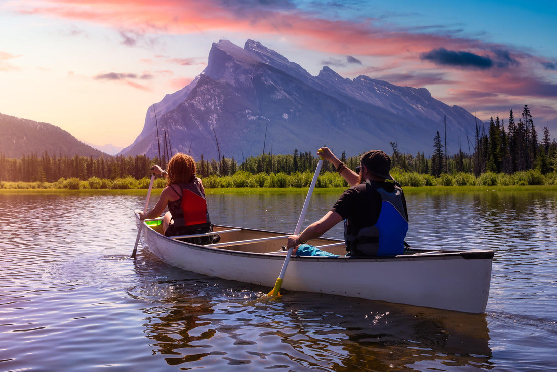 Some adventurous friends are canoeing in a lake surrounded by the Canadian mountains. Colorful sunrise sky art render. In Vermilion Lakes, Banff, Alberta, Canada 2000pc Puzzle