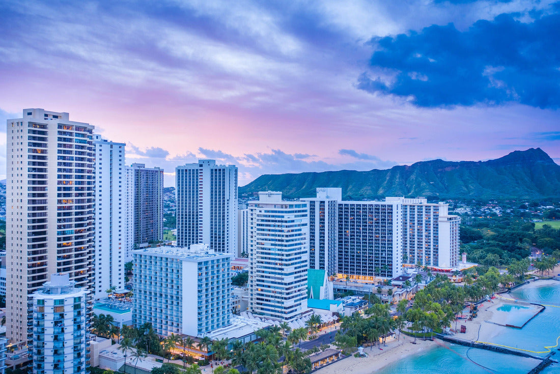 Noah Jigsaw Puzzle Waikiki sunrise behind Diamond Head crater in Honolulu Hawaii on O'ahu, aerial shot of a Hawaiian beach at sunrise 2000 pieces