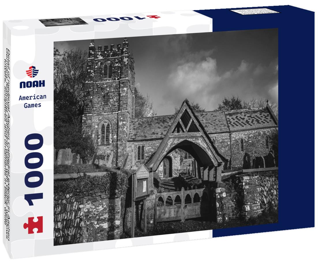 Noah Jigsaw Puzzle Detail of medieval Aachen Cathedral exterior in Aachen Germany featuring cathedral walls with Gothic windows, towers, sculptures and ornaments in black white 1000 pieces