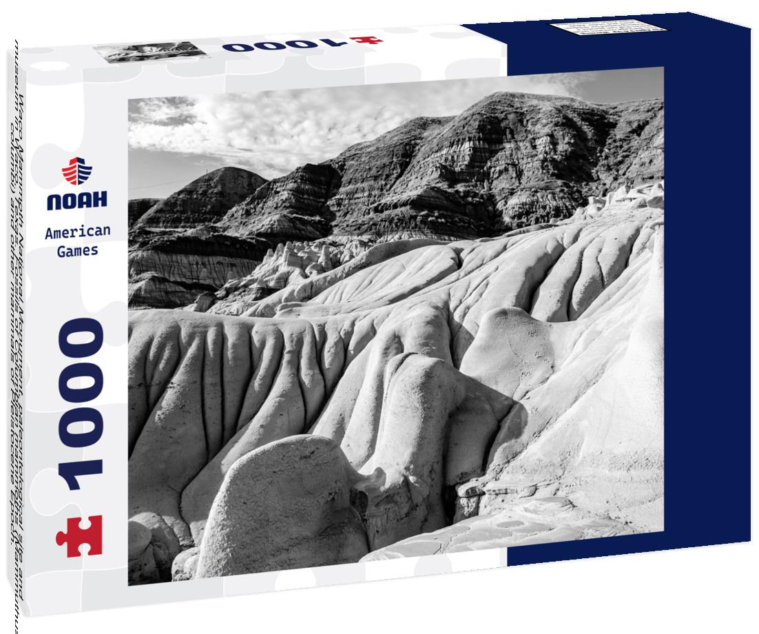 Waco Mammoth National Monument, paleontological site and museum in Waco, Texas. Fossils of Columbian mammoths (Mammuthus columbi) and other mammals of Pleistocene Epoch. Adult female skull with tusks 1000pc PuzzleBlack and White