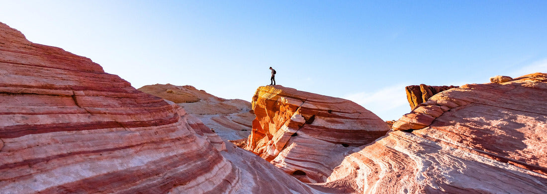Noah Jigsaw Puzzle A hiker enjoys the desert views from atop the colorful Fire Wave in Valley of Fire State Park, Nevada panorama 1000 pieces