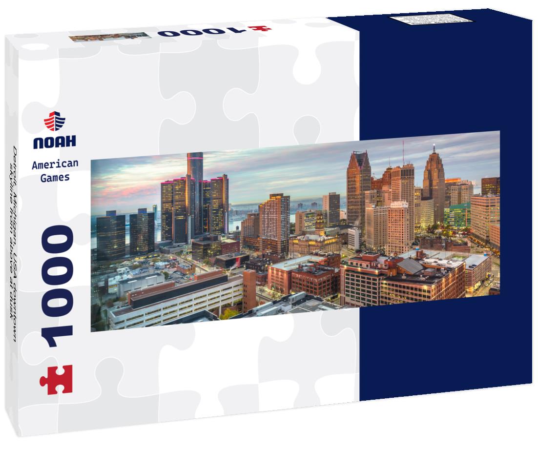 Noah Jigsaw Puzzle Detroit, Michigan, USA downtown skyline from above at dusk panorama 1000 pieces