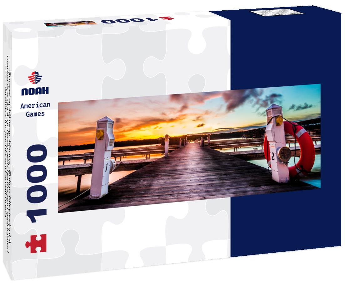 Sunset at Midway Marina, Fulton Mississippi A marina is a dock or basin with berths and associated facilities for yachts and small boats 1000pc Panoramic Puzzle