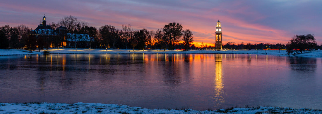 Noah Jigsaw Puzzle Bell tower and lake at Coxhall Garden in Carmel Indiana at sunset after snow in the winter panorama 1000 pieces