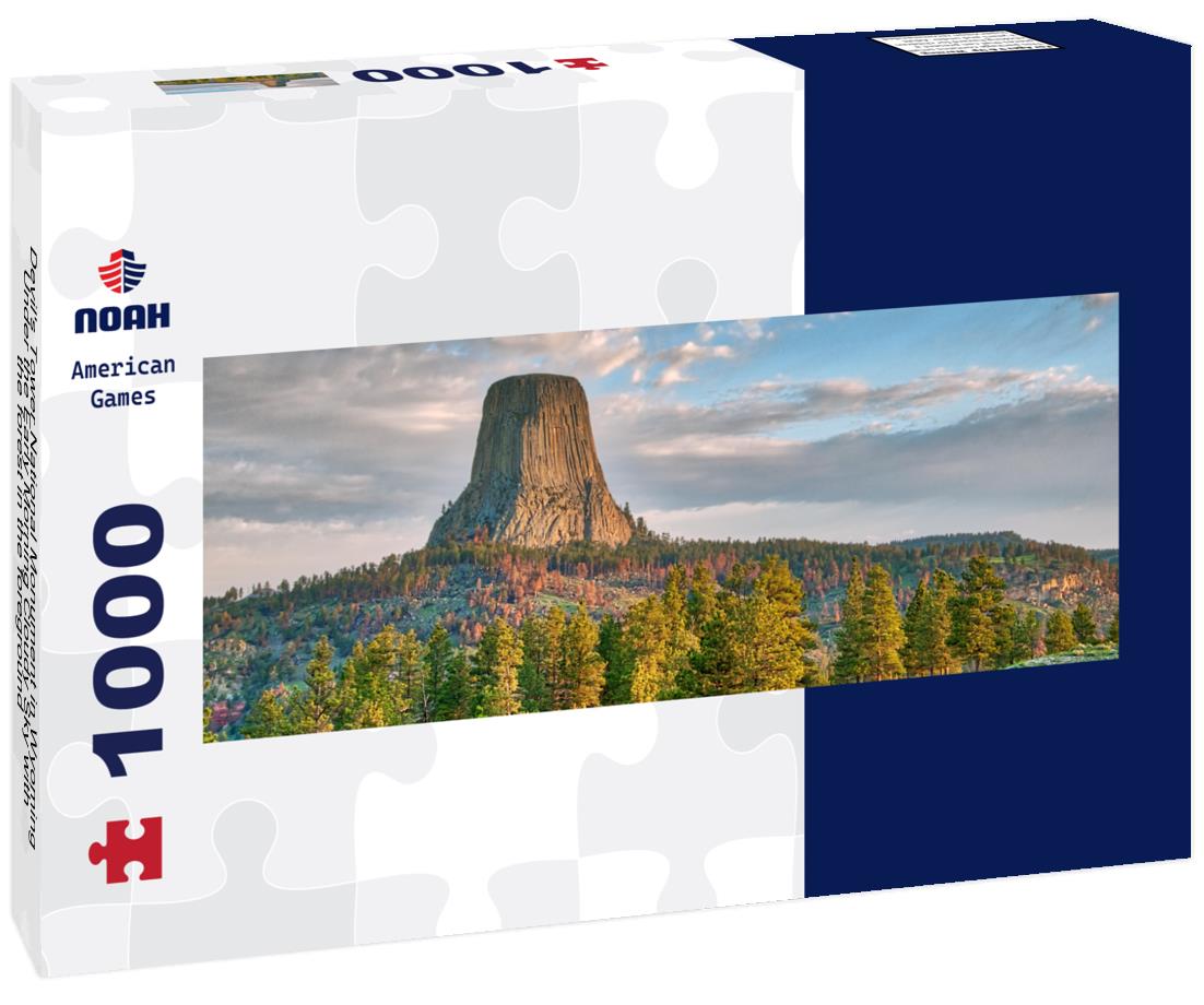 Noah Jigsaw Puzzle Devil's Tower National Monument in Wyoming Under the Early Morning Cloudy Sky with the forest in the foreground panorama 1000 pieces
