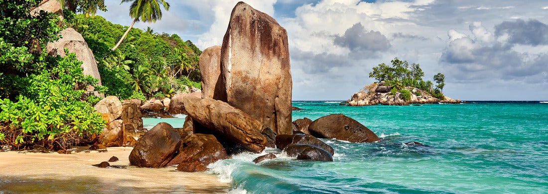 Noah Jigsaw Puzzle Beautiful beach with palm tree and rocks landscape at Seychelles, Mahe panorama 1000 pieces