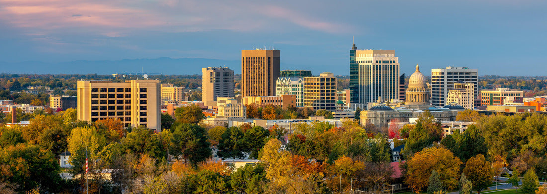 The skyline of Boise Idaho with Autumn trees in full bloom 1000pc Panoramic Puzzle